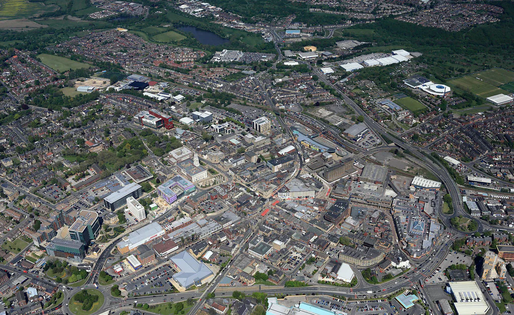 Aerial view of Barnsley town centre and surrounding neighbourhoods